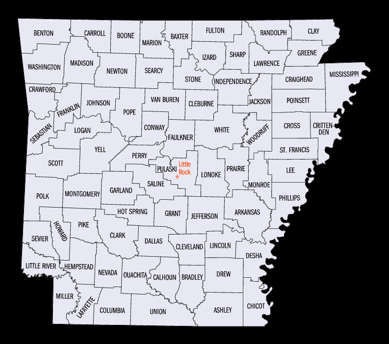 Arkansas County Map - black background